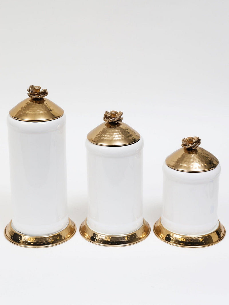 White Ceramic Jar with Gold Flower Lid (3 Sizes)