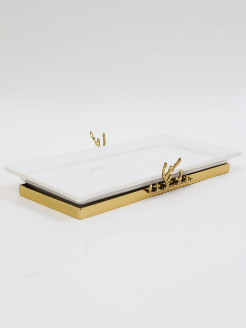 White Ceramic Tray with Gold Textured Design & Base " From Pops Of Color Home Collection"