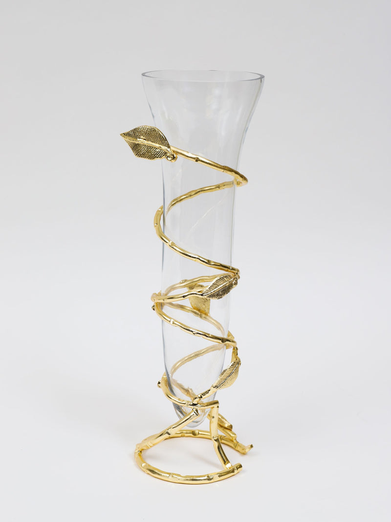 Glass and Gold Metal Spiral Leaf Vase