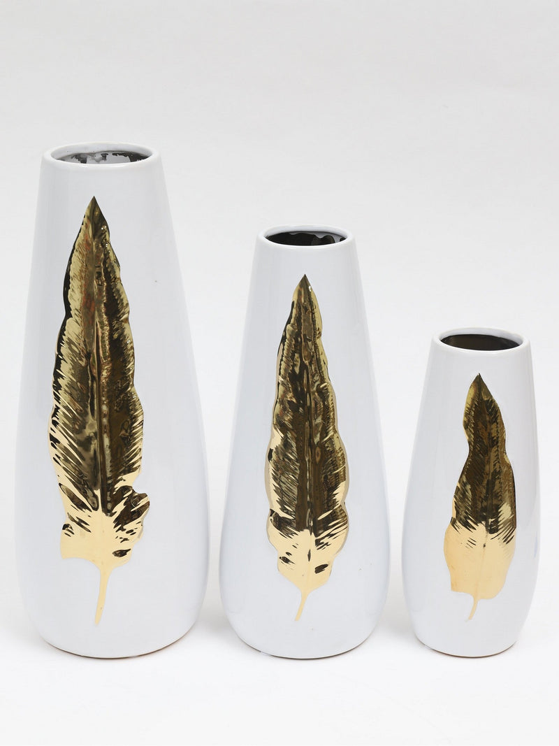 White Ceramic Vase with Gold Leaf Design (3 Sizes)