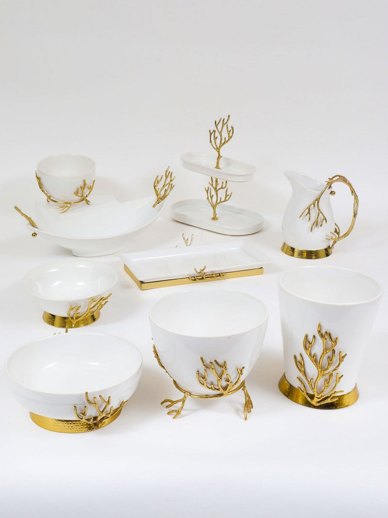 White Ceramic Bowl with Gold Textured Details on Gold Base " From Pops Of Color Home Collection"