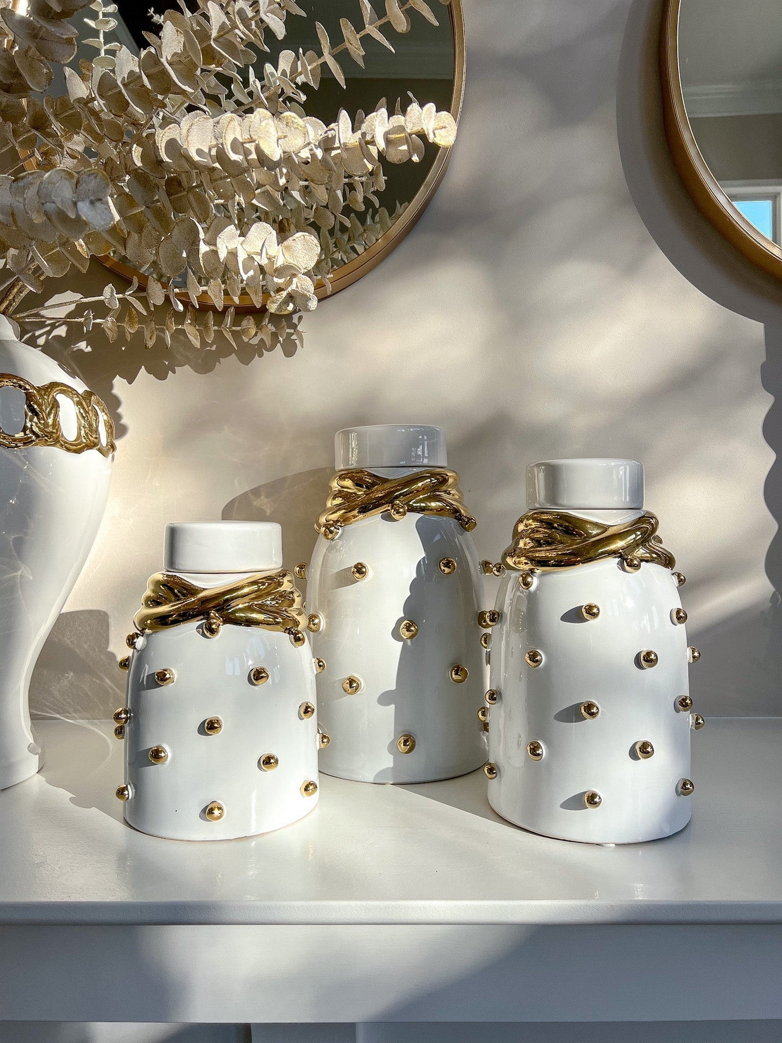 White Ceramic Gold Studded Lidded Jar with Elegant Gold Details (3 Sizes)