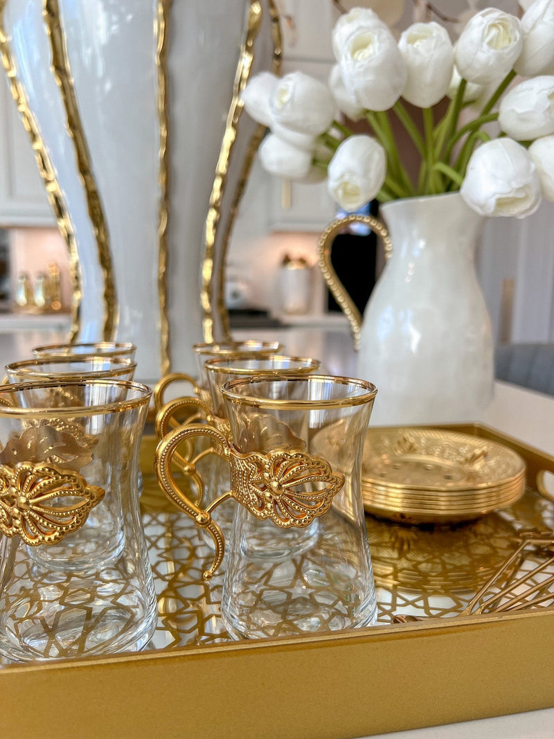 Set of 6 Glass with Gold Details Tea Cups & Saucers