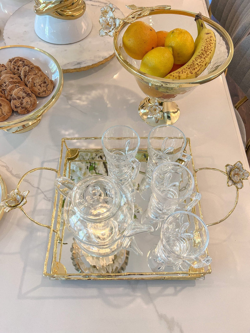 Square Mirrored Tray with Gold & White Flower Details