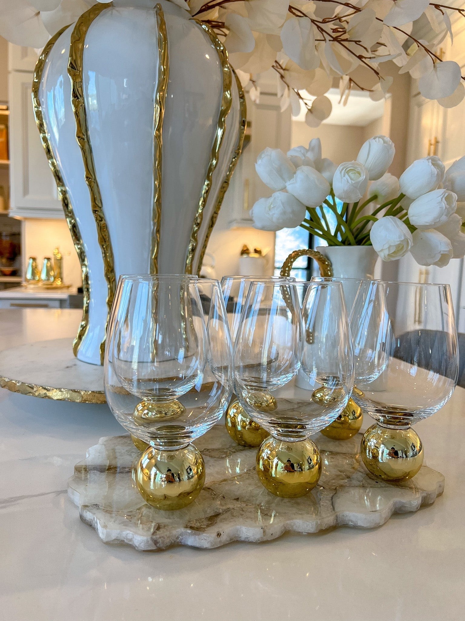 Set of 6 Glasses on Gold Circle Pedestal