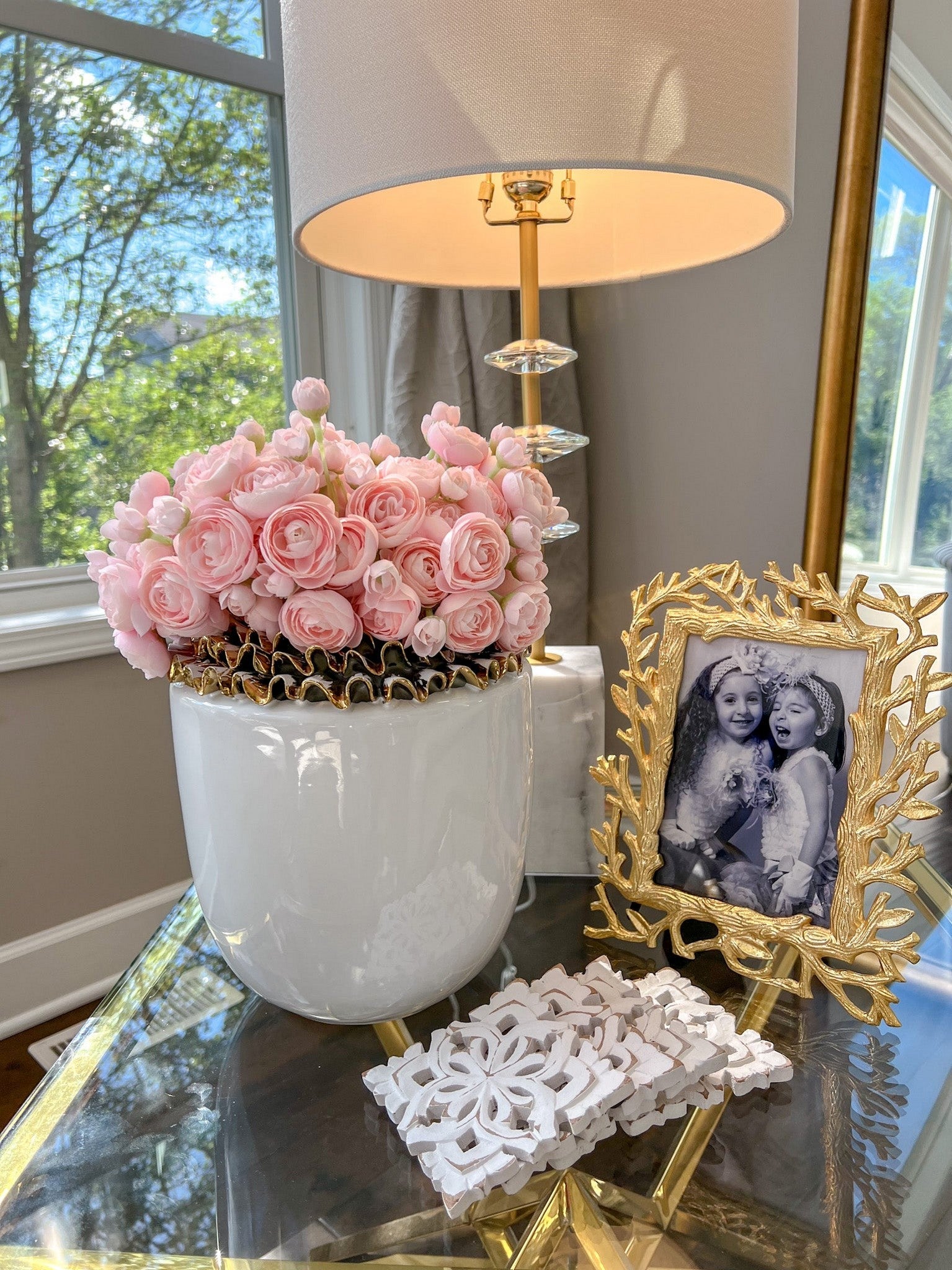 White Ceramic Vase with Gold & White Ruffled Details