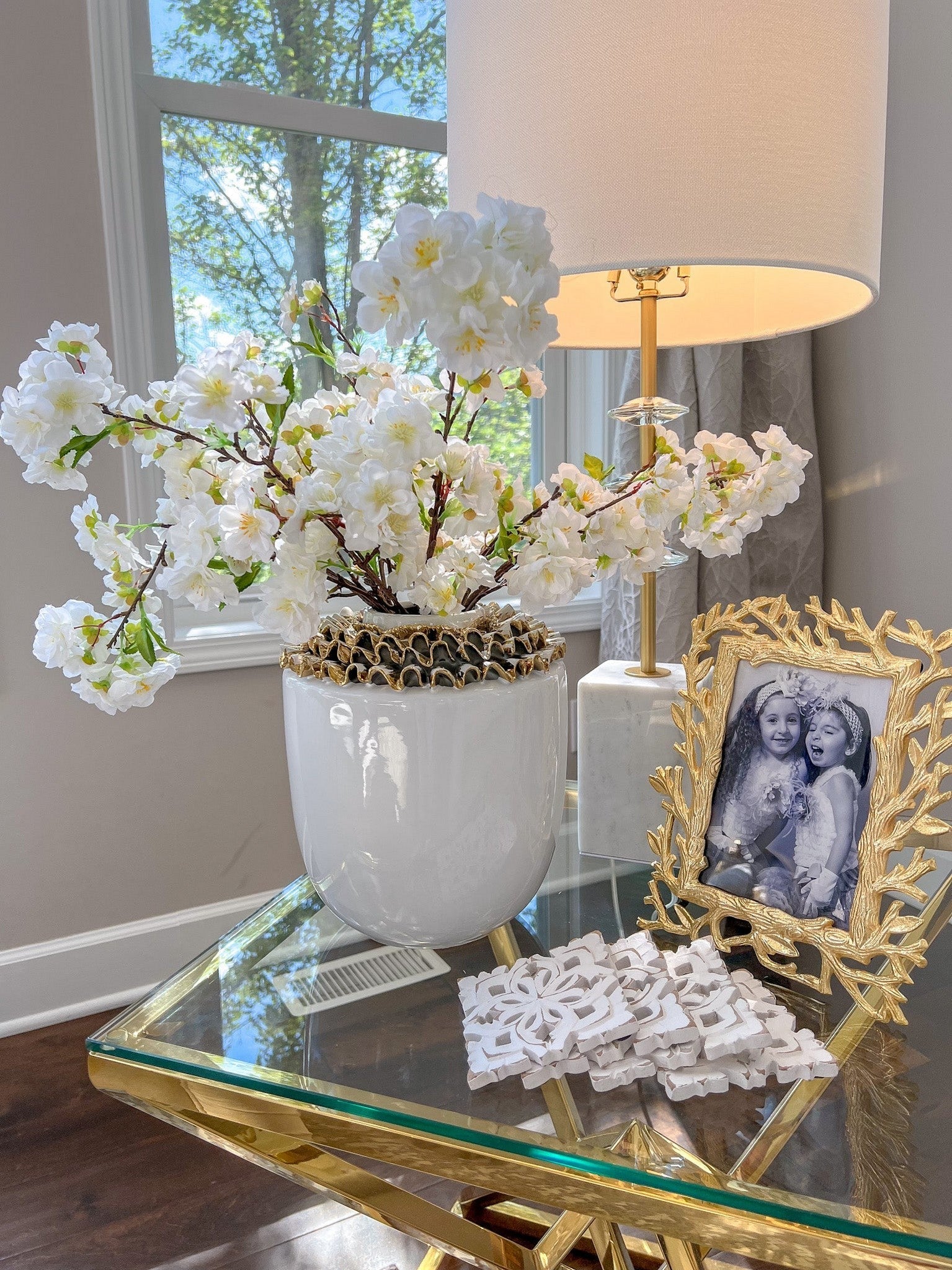 White Ceramic Vase with Gold & White Ruffled Details