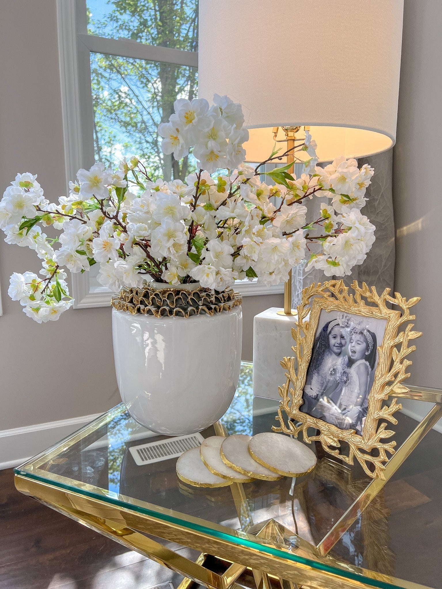 White Ceramic Vase with Gold & White Ruffled Details