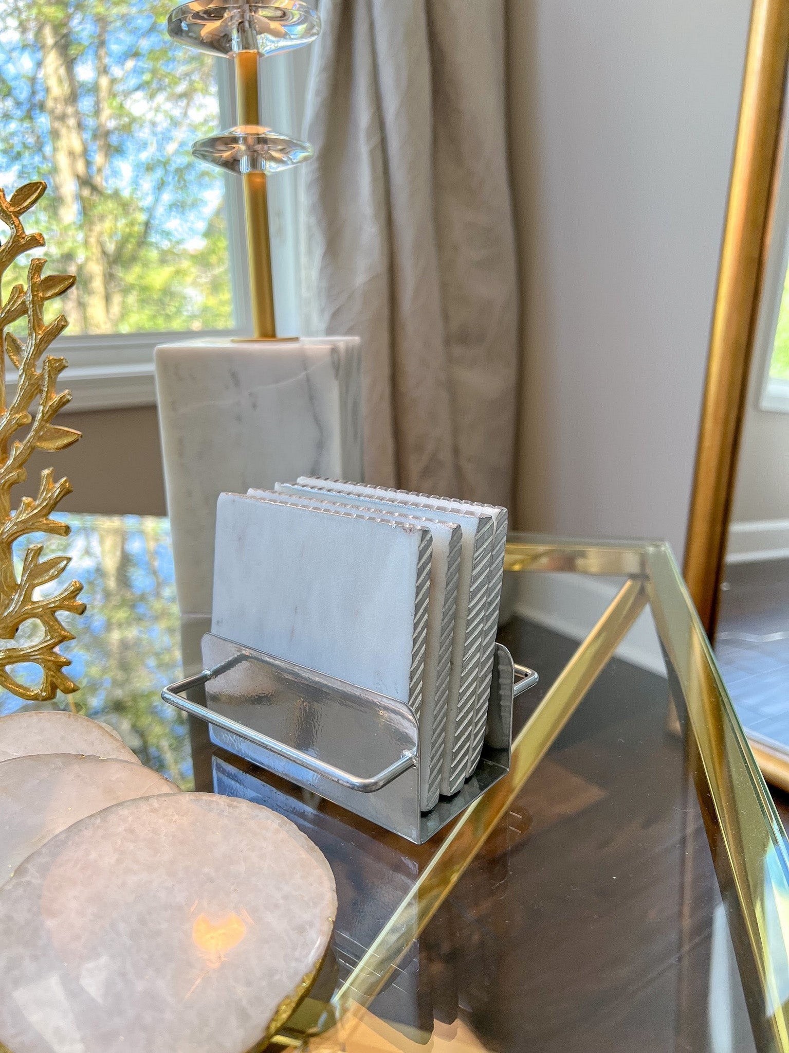 Square Marble Coasters with Silver Edge & Silver Metal Holder