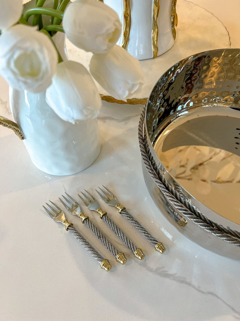 Set of 4 Silver & Gold Cable Design Dessert Forks