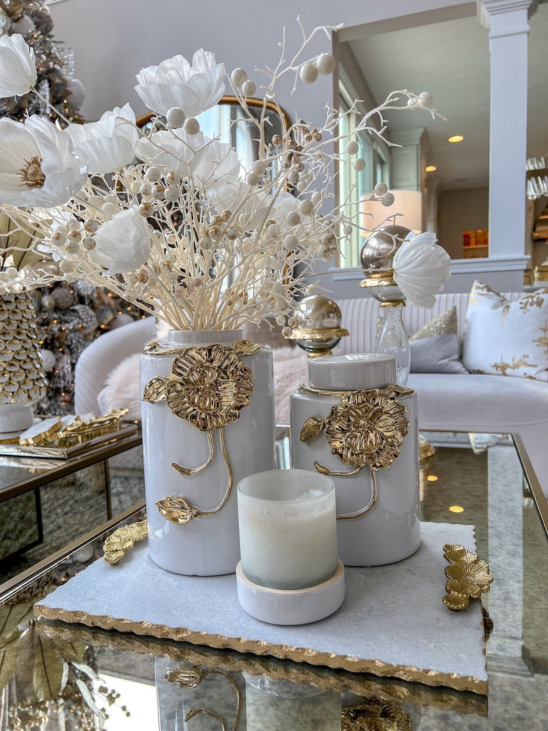 White Ceramic Vase with Gold Floral Design (3 Sizes)-Inspire Me! Home Decor