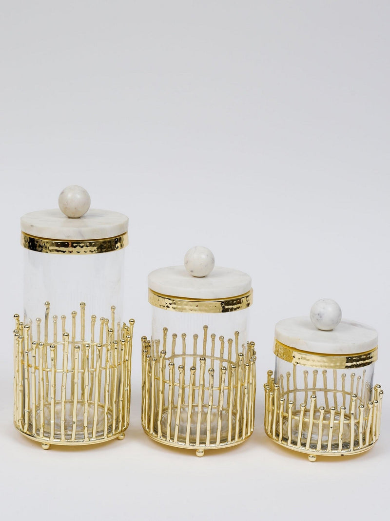 Glass Column Canisters with Bronze Lids, Set of 3