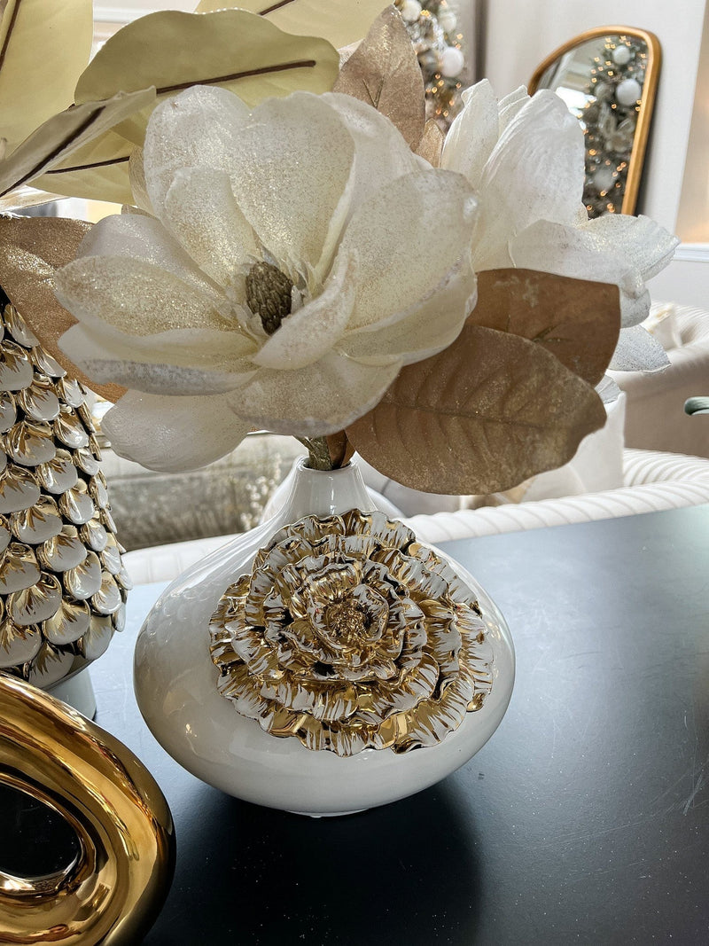 White Ceramic Vase with Gold Flower Design-Inspire Me! Home Decor