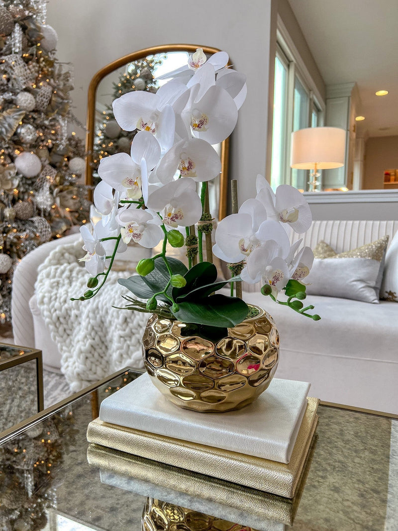 White Potted Faux Orchid in Gold Beveled Pot-Inspire Me! Home Decor