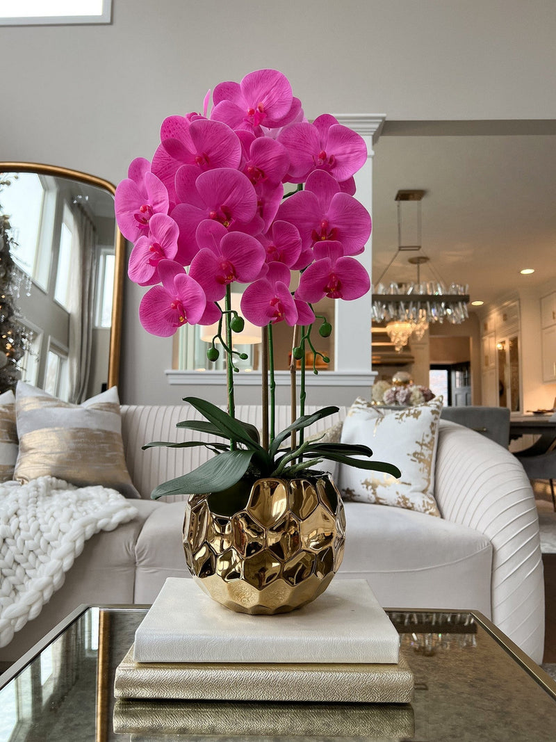 Pink Potted Faux Orchid in Gold Beveled Pot-Inspire Me! Home Decor
