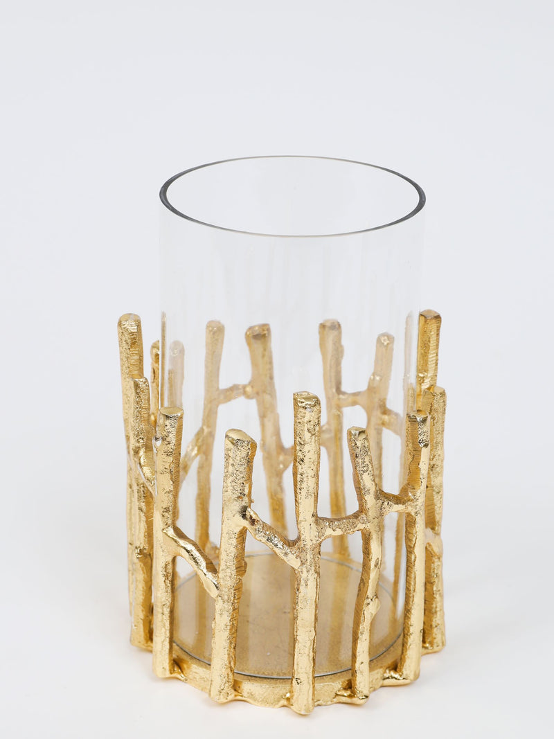 Glass Hurricane/Faux Floral Vase with Gold Twig Design (3 Sizes)
