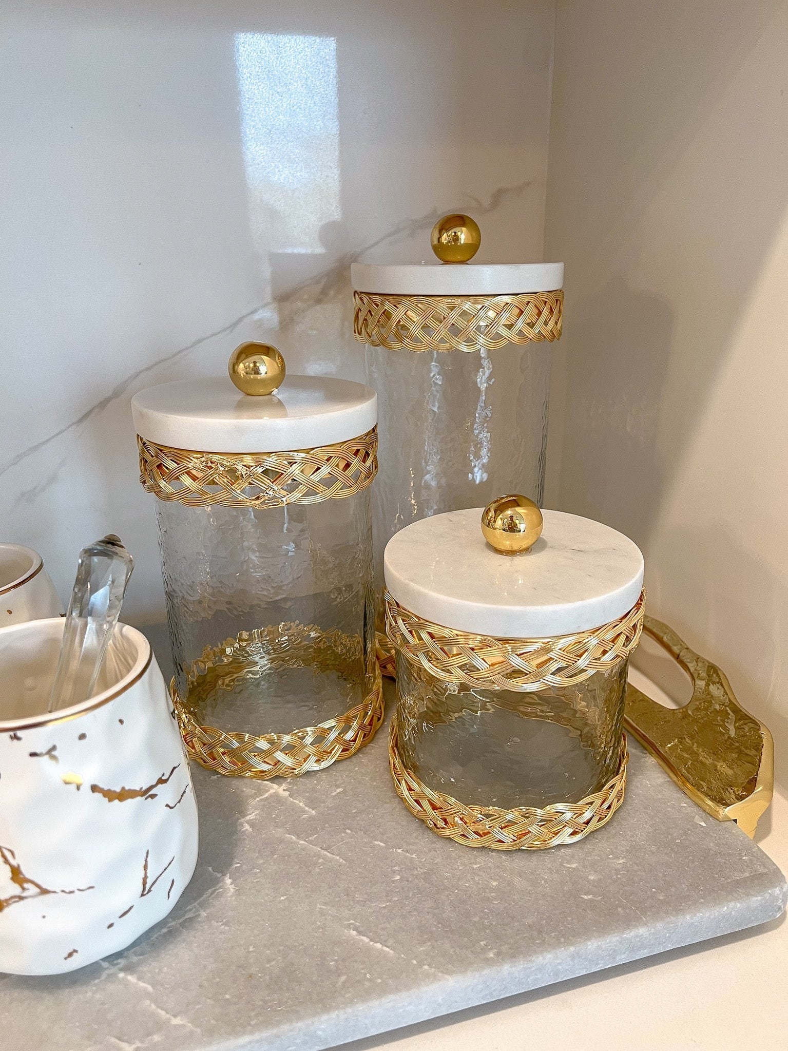 Glass Canister with Gold Lattice Design and Marble and Gold Lid (3 Sizes)-Inspire Me! Home Decor