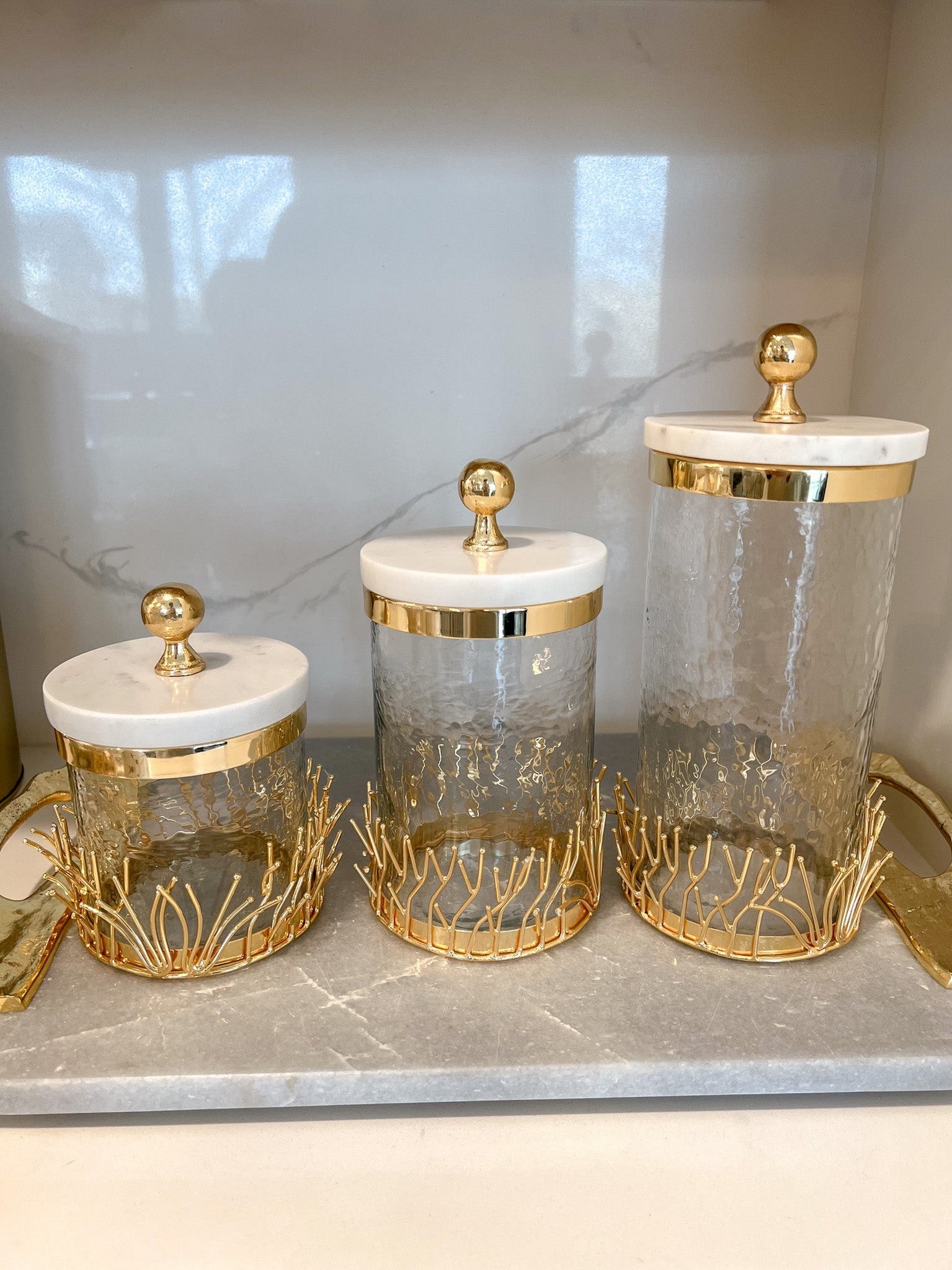 Glass Canister with Gold Branch Design and Marble and Gold Lid (3 Sizes)-Inspire Me! Home Decor