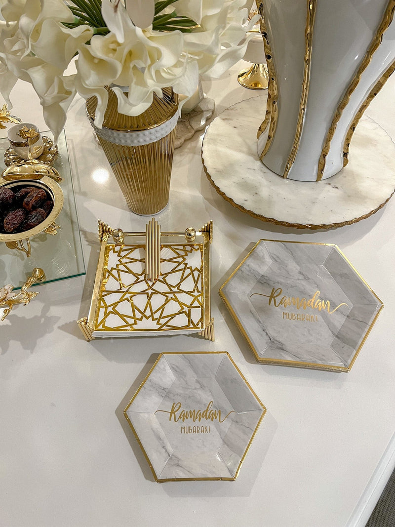 Set of 12 Hexagon Marble 'Ramadan Mubarak' Paper Plates (2 Sizes)