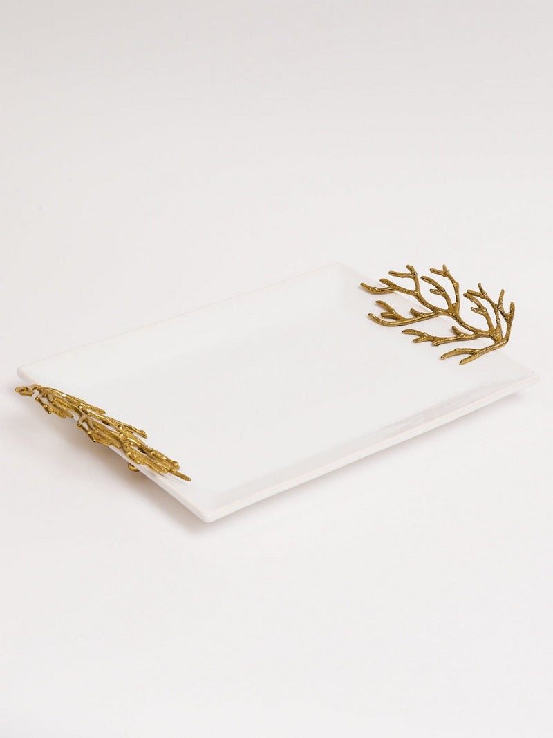 White Ceramic Tray with Gold Textured Design Handles