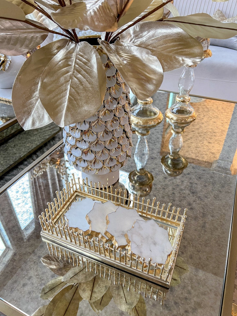 Rectangular Mirrored Tray with Gold Linear Design-Inspire Me! Home Decor
