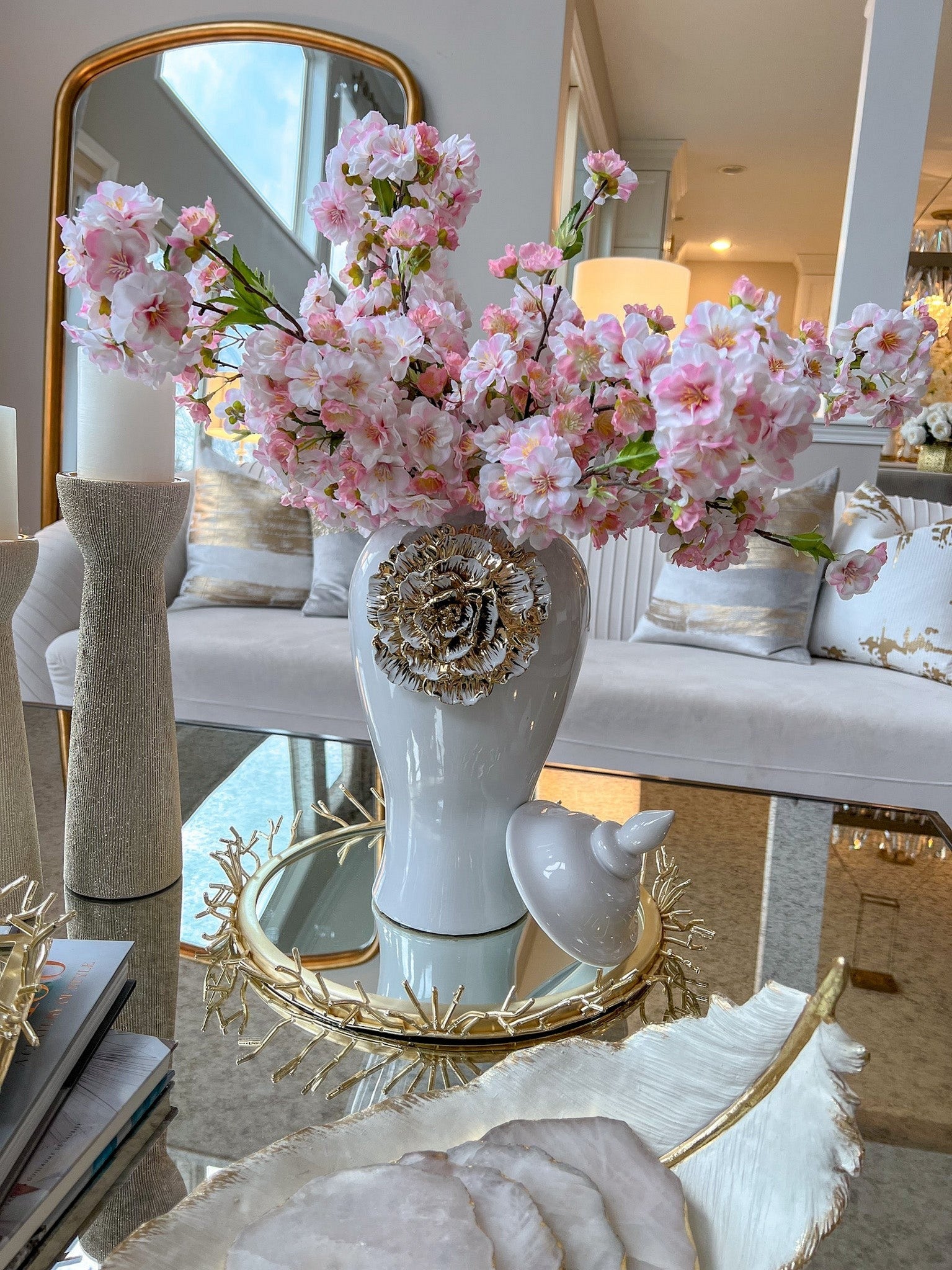 Round Decorative Mirror Tray with Gold Details