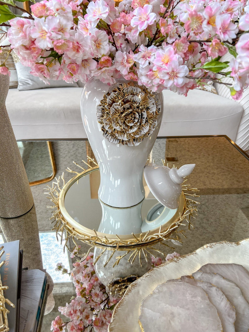 Round Decorative Mirror Tray with Gold Details
