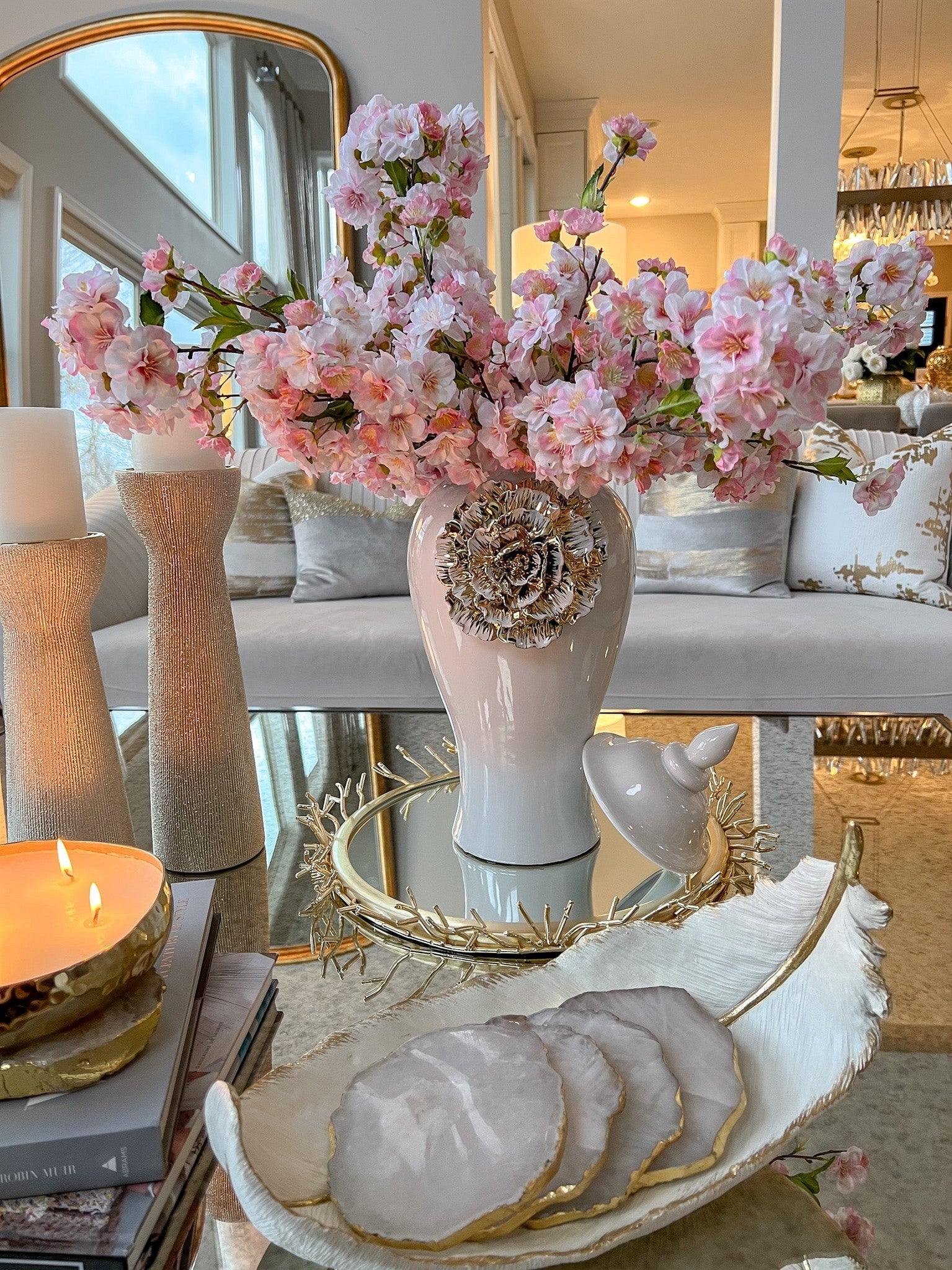 Round Decorative Mirror Tray with Gold Details