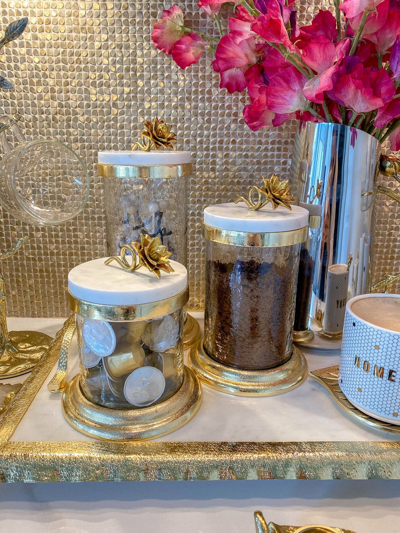 Gold Canisters with Floral Lotus Lid (3 Sizes)-Inspire Me! Home Decor