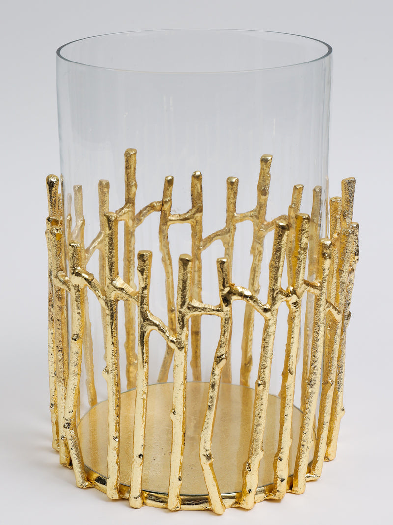 Glass Hurricane/Faux Floral Vase with Gold Twig Design (3 Sizes)
