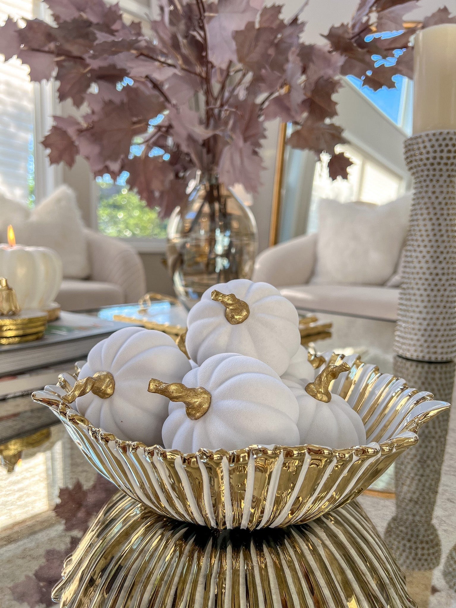 Gold and White Striped Ceramic Bowl