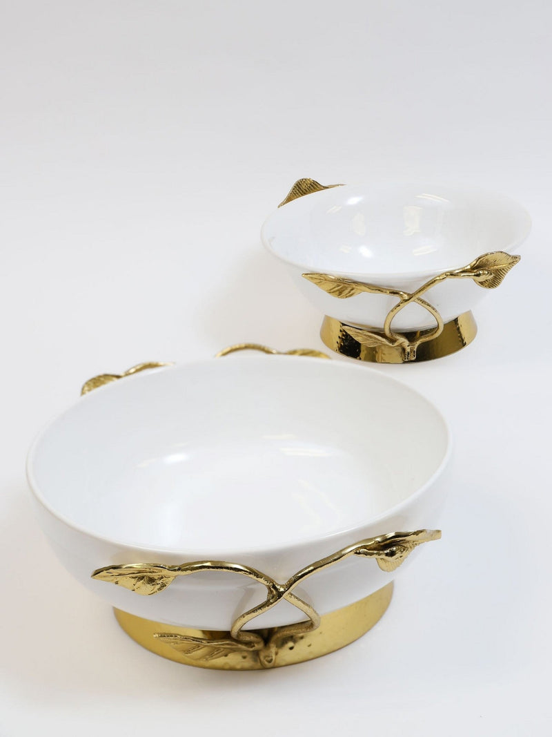 White Ceramic Bowl with Gold Leaf Details and Base (2 Sizes)-Inspire Me! Home Decor