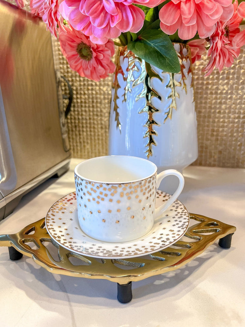 Bone China Gold & White Dotted Cup & Saucer