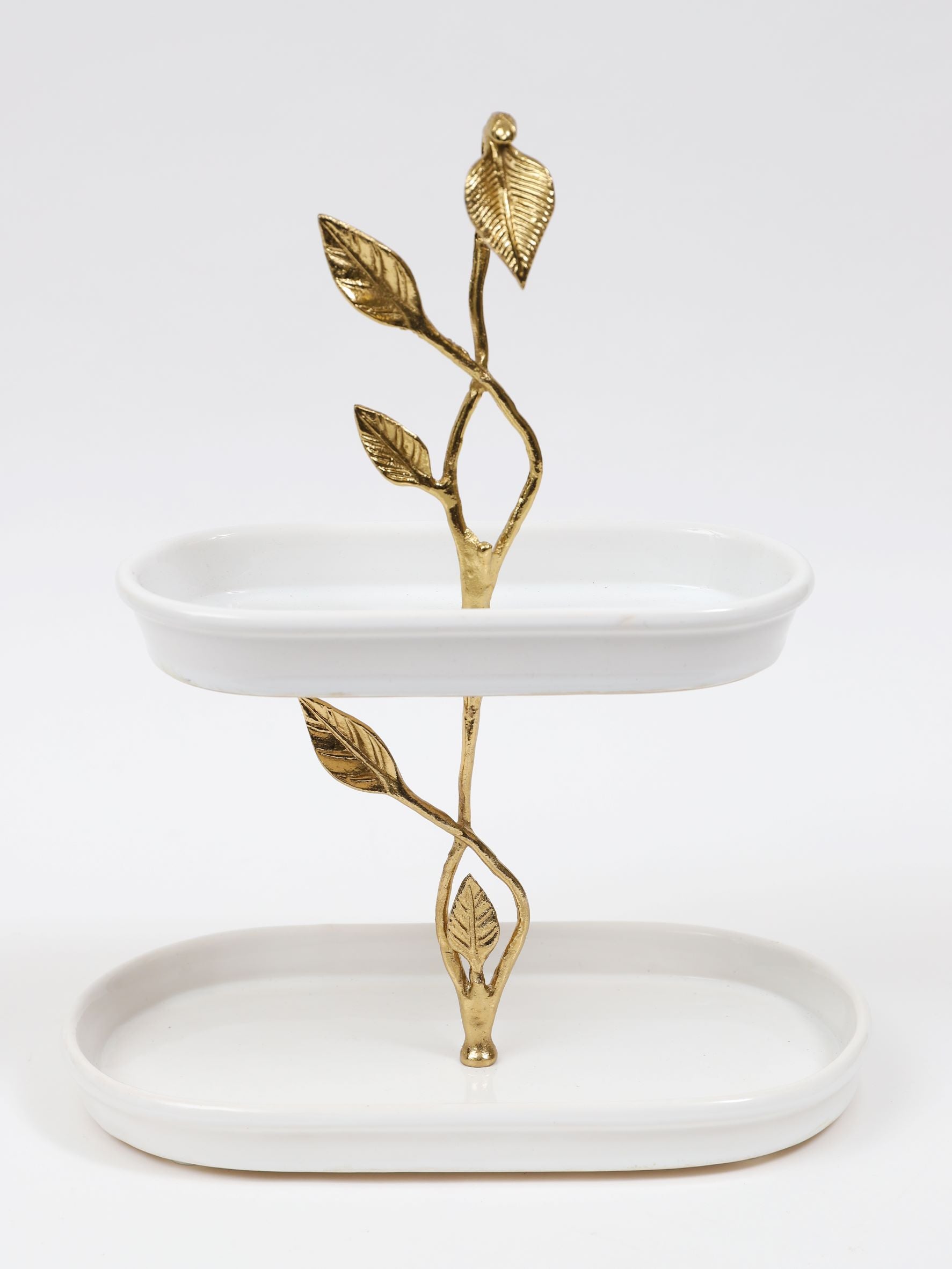 White Ceramic Cake Stand with Gold Leaf Details-Inspire Me! Home Decor