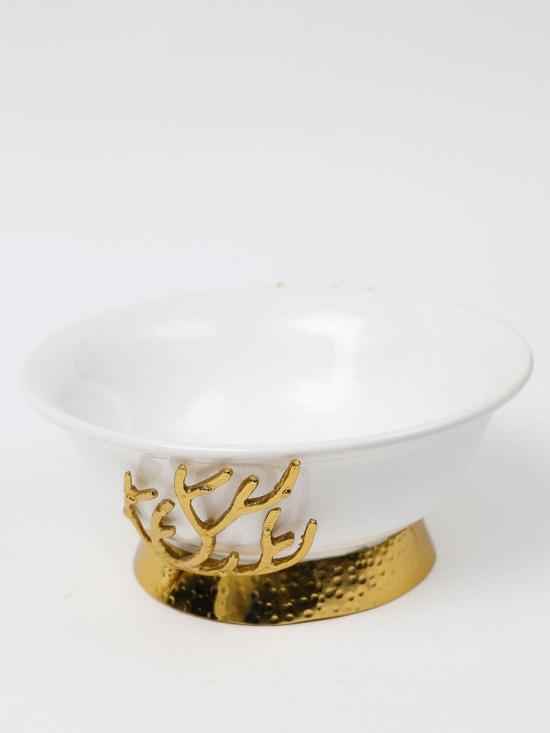 White Ceramic Bowl with Gold Textured Details & Gold Base " From Pops Of Color Home Collection"