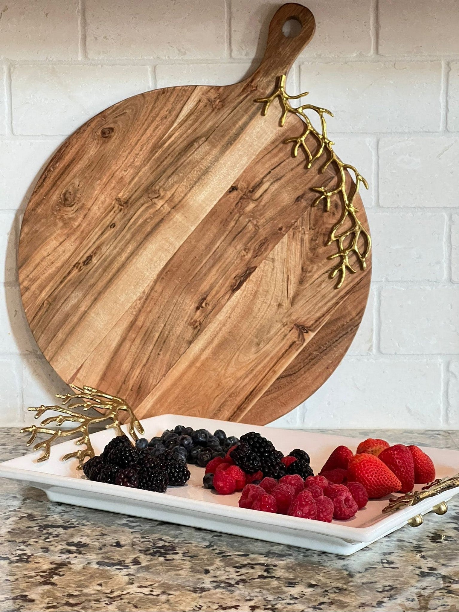 White Ceramic Tray with Gold Textured Design Handles