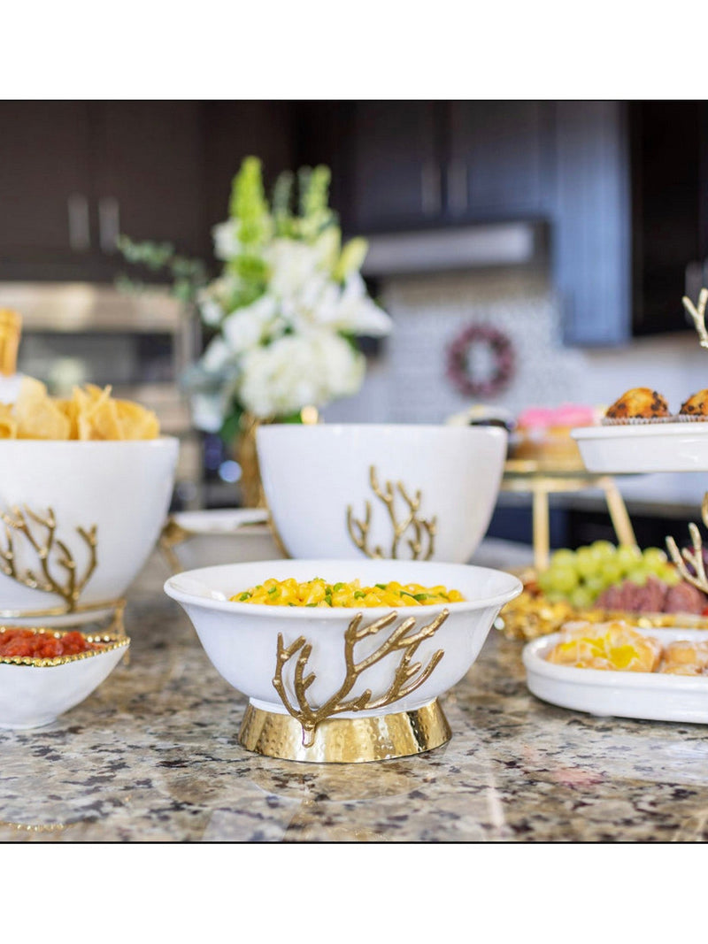 White Ceramic Bowl with Gold Textured Details & Gold Base " From Pops Of Color Home Collection"