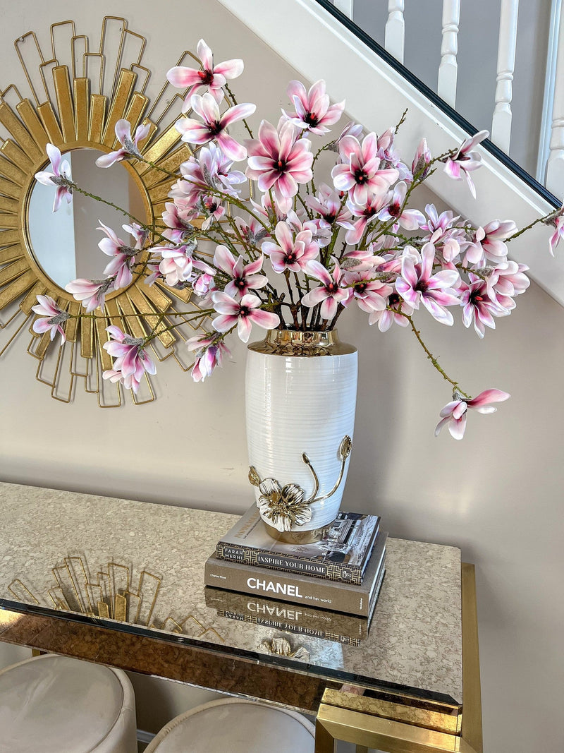 White & Gold Vase with Gold Floral Design