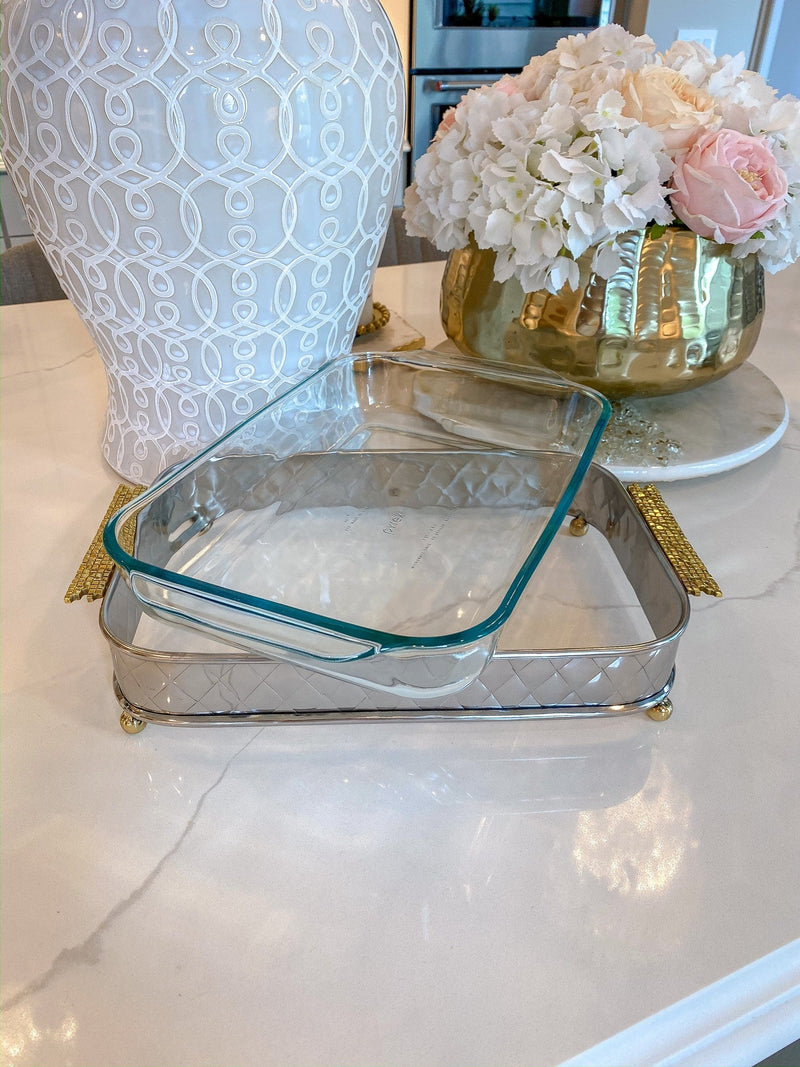 Silver Pyrex Holder with Gold Mosaic Handles And Pyrex-Inspire Me! Home Decor