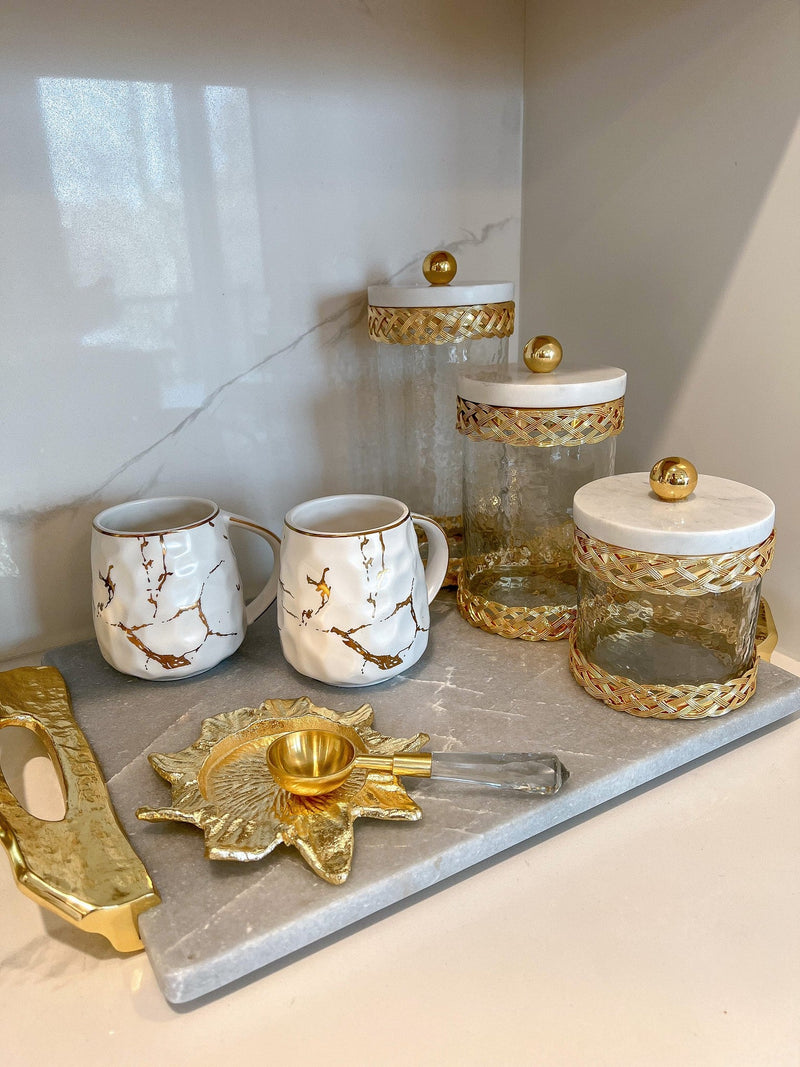 Glass Canister with Gold Lattice Design and Marble and Gold Lid (3 Sizes)-Inspire Me! Home Decor