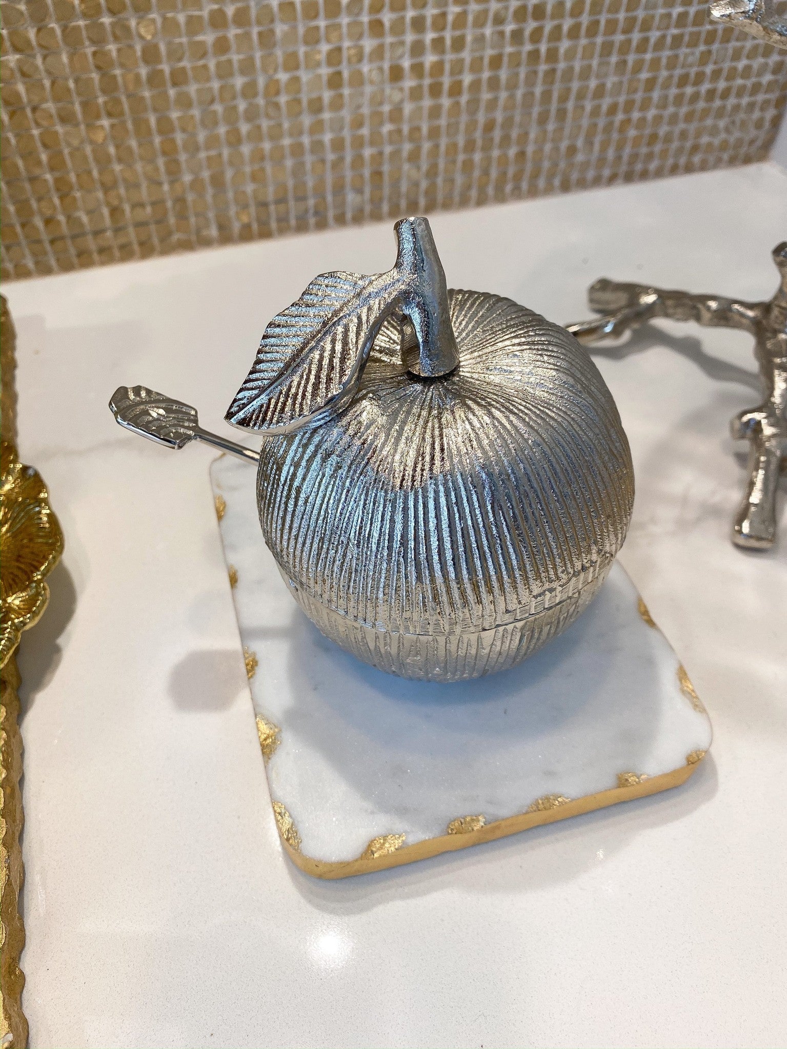 Silver Apple Honey Dish-Inspire Me! Home Decor