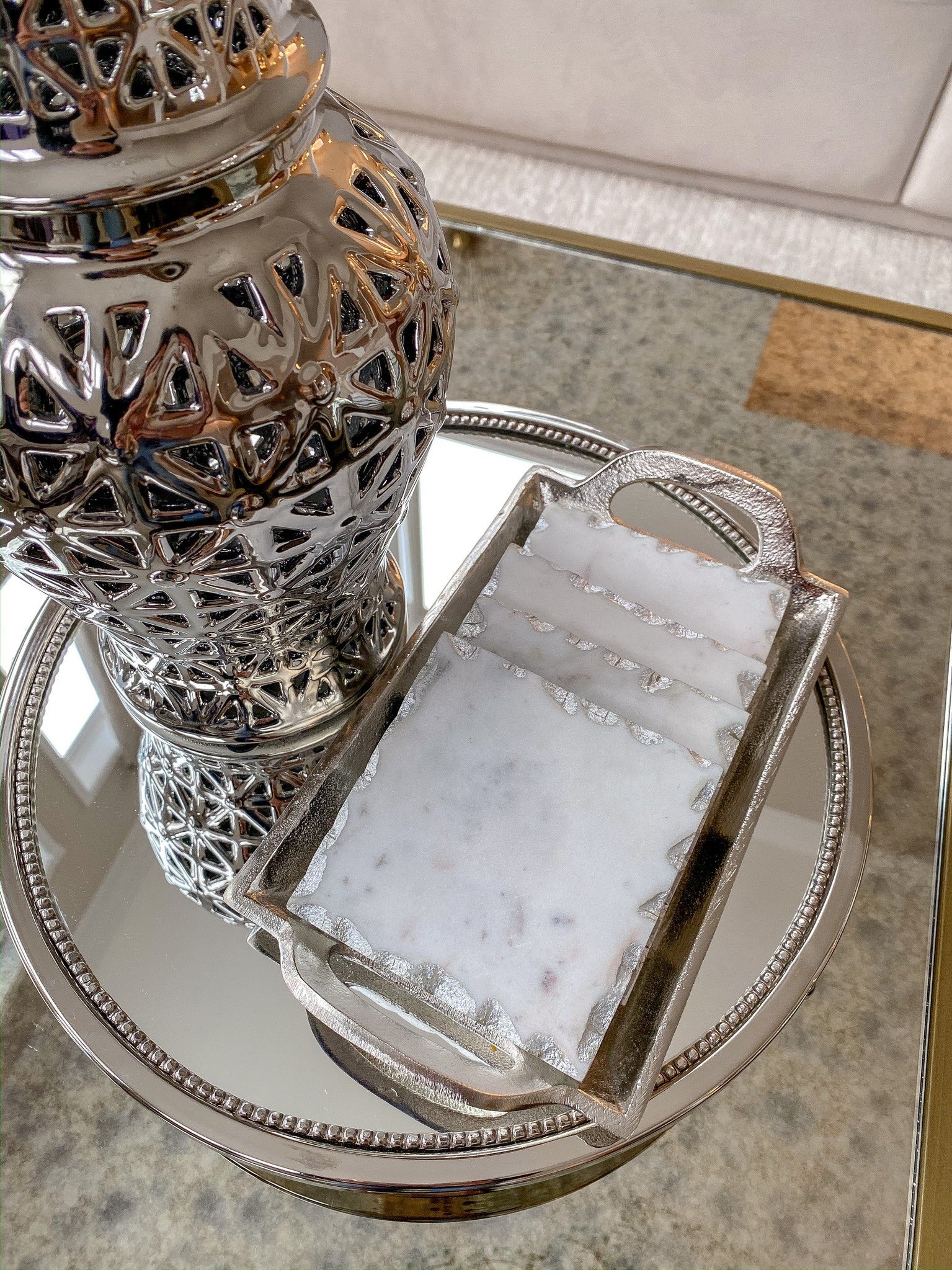 Marble Coasters w/ Silver Trim and Tray-Inspire Me! Home Decor