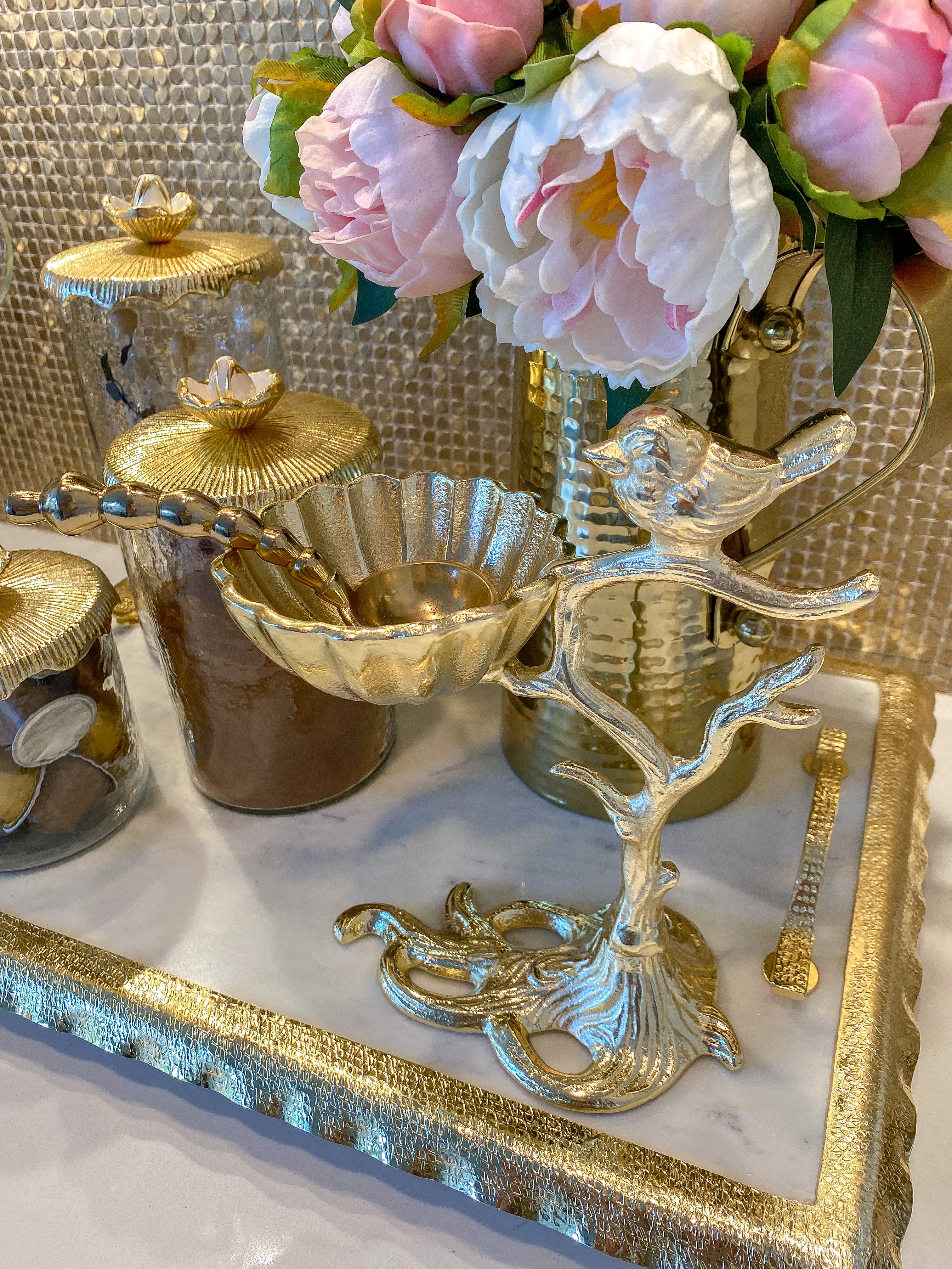 Snack Bowl on Gold Tree Stand with Bird-Inspire Me! Home Decor