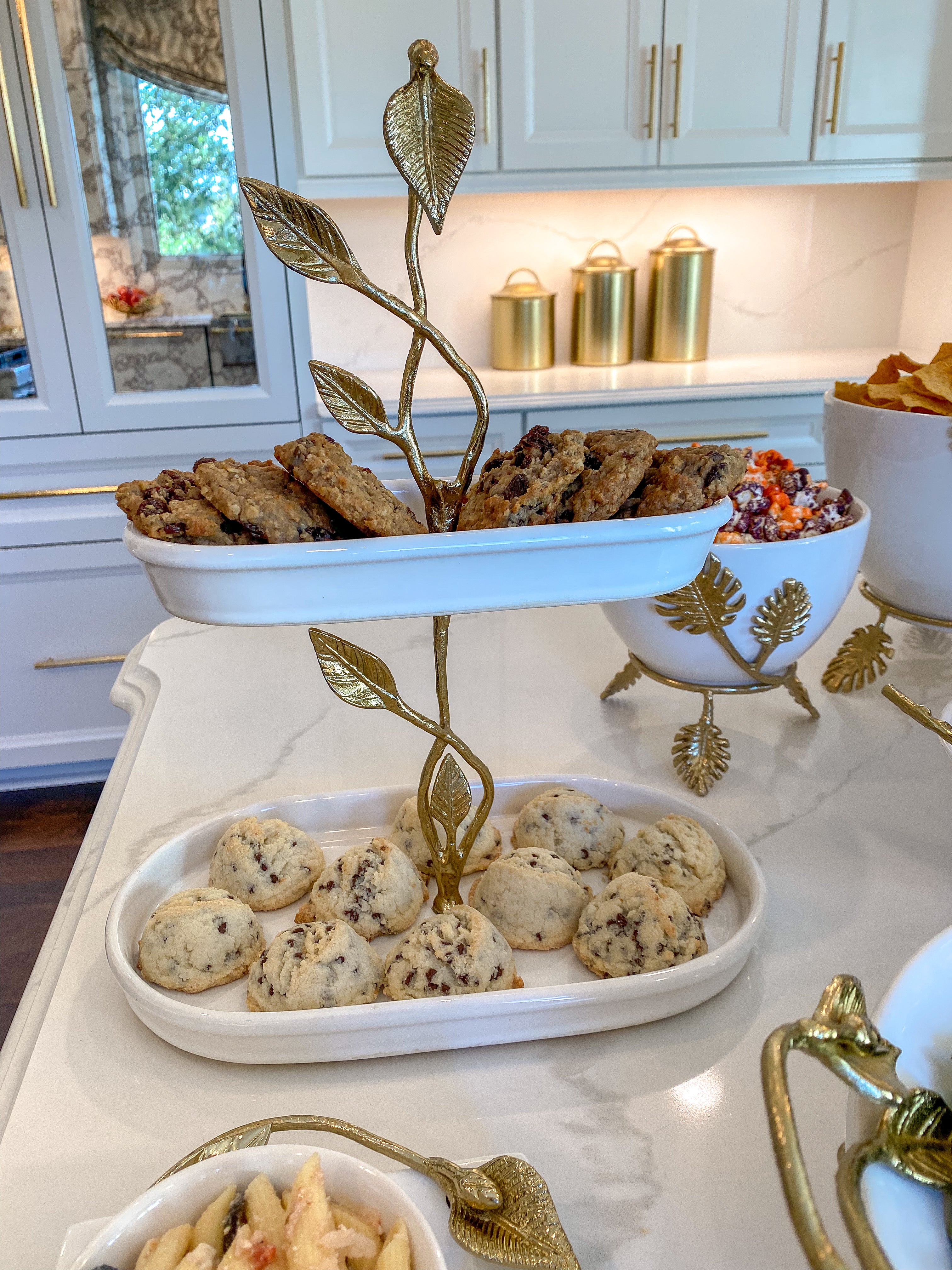 White Ceramic Cake Stand with Gold Leaf Details-Inspire Me! Home Decor