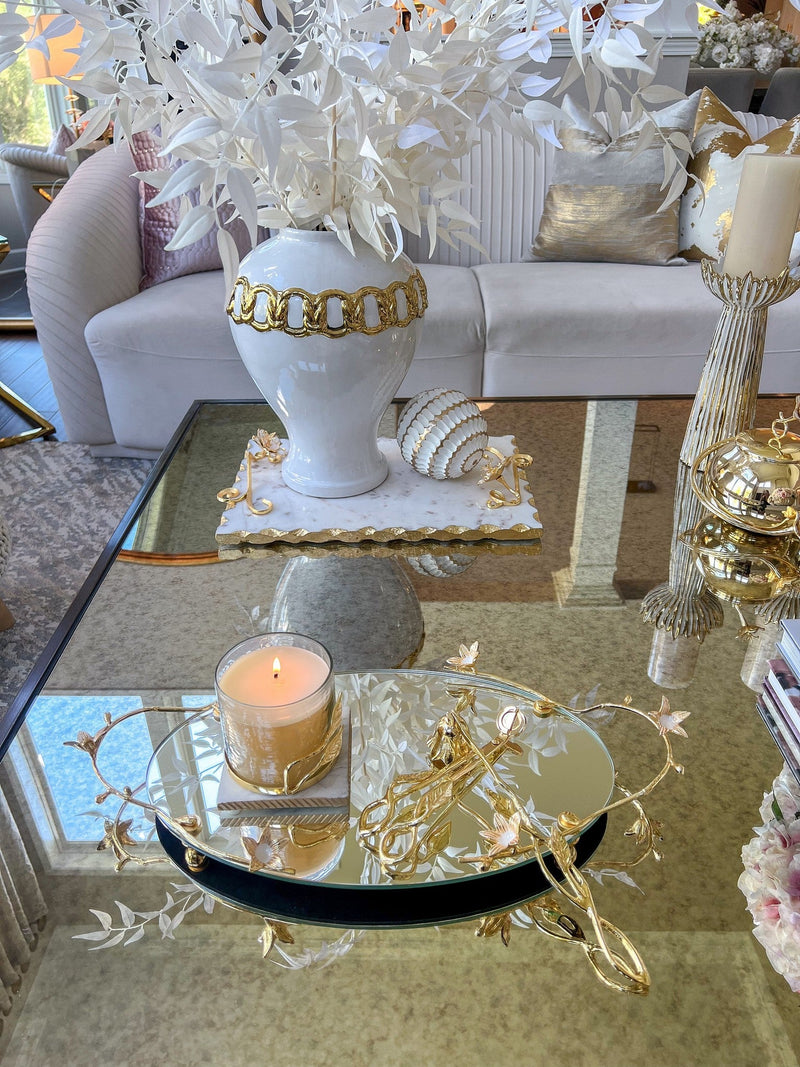 Oval Mirrored Tray with Gold & White Flower Design