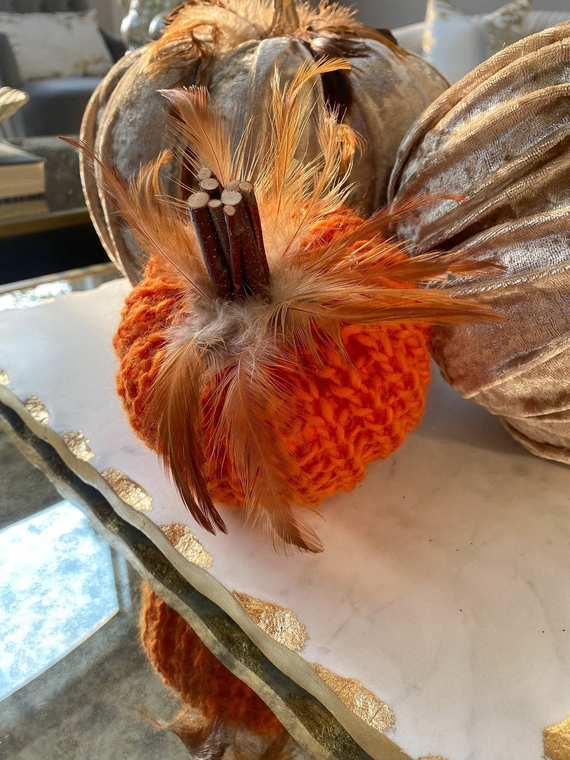 Orange Crochet Pumpkin with Feathers and Wood Stem-Inspire Me! Home Decor