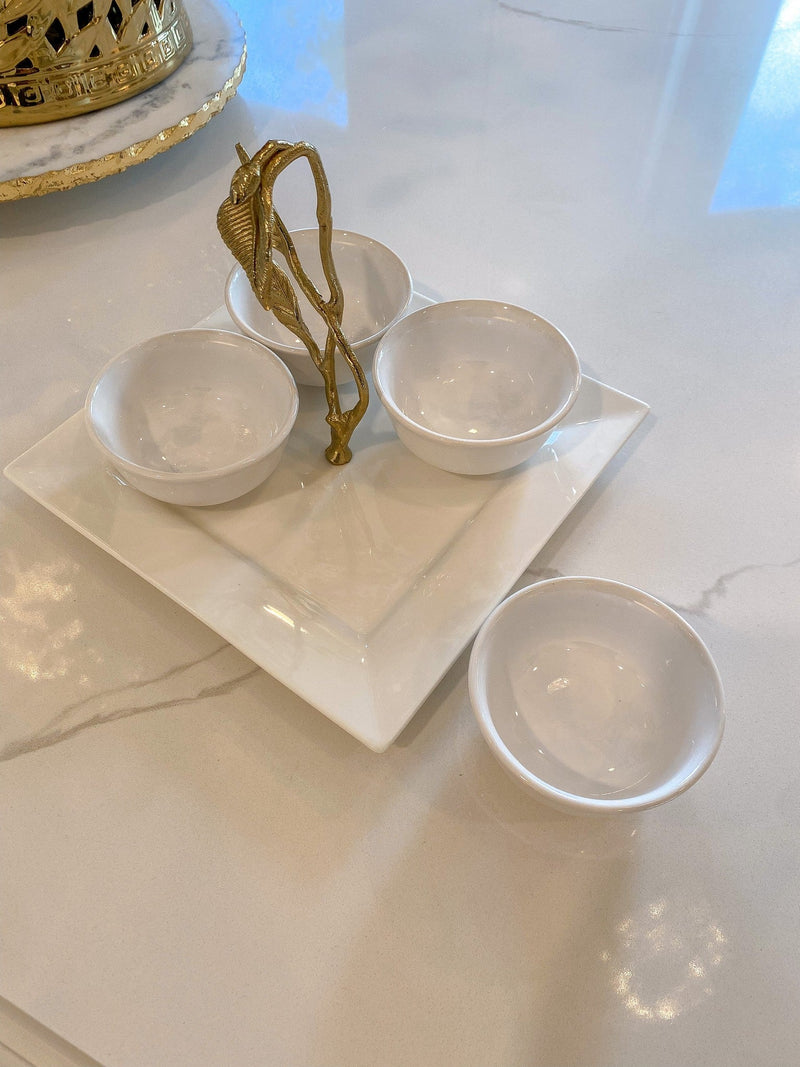 White Ceramic Serving Tray with 4 Bowls and Gold Leaf-Inspire Me! Home Decor