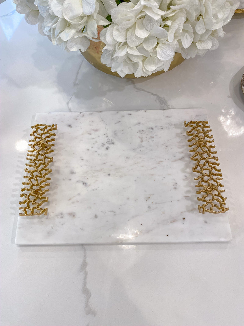Marble Tray with Gold Metal Abstract Handles-Inspire Me! Home Decor