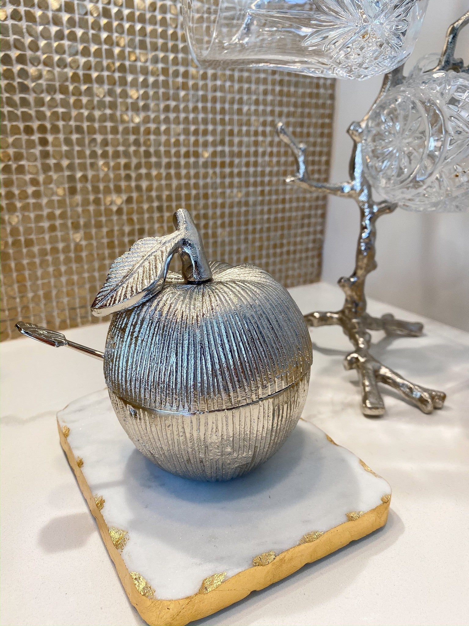 Silver Apple Honey Dish-Inspire Me! Home Decor