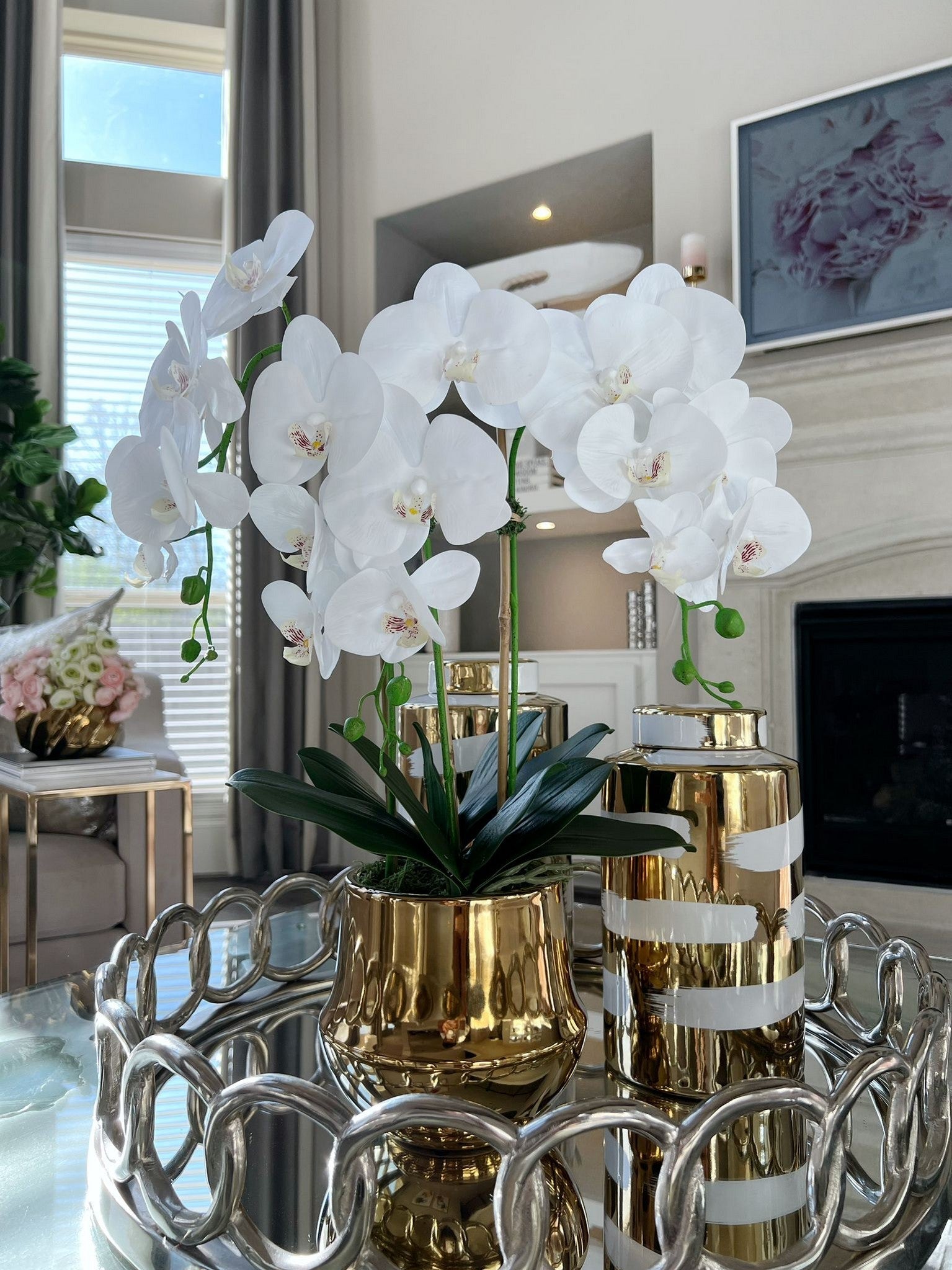 Tall White Faux Orchid in Shiny Gold Pot (2 Styles)